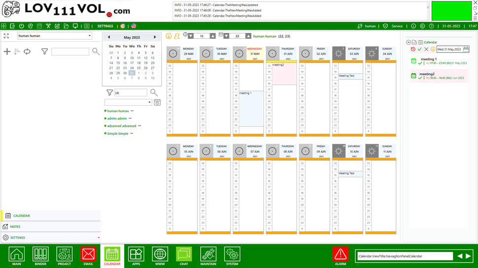 Example of the LOV111VOL calendar for task and time management