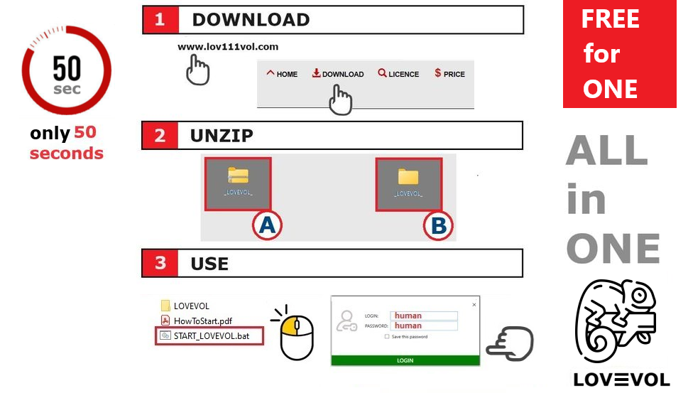 Screenshot showing simple installation instructions for LOV111VOL application