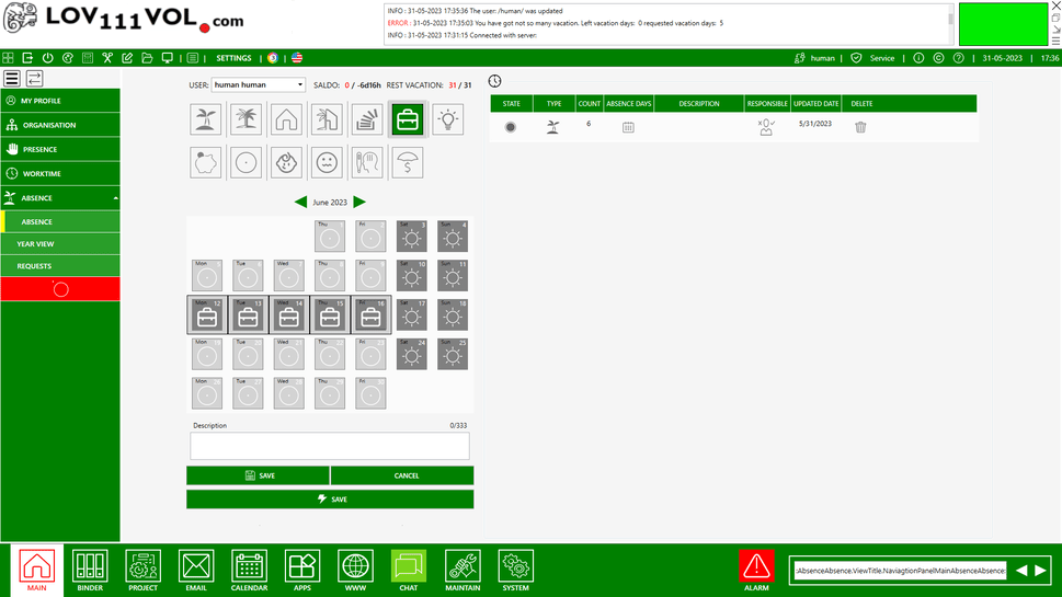 Example screenshot of the LOV111VOL time tracking software for employees and teams